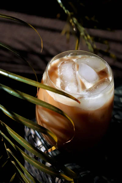 upper view of iced coffee with palm tree
