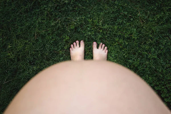 Close Pregnant Belly Upper View Standing Green Grass — Zdjęcie stockowe