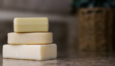 close up of handmade soap bars, blurred background with copy space 