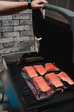 fresh salmon steaks on grill