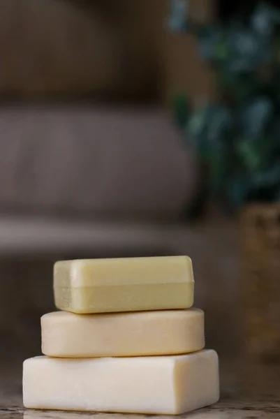 Close Handmade Soap Bars Blurred Background Copy Space — 스톡 사진