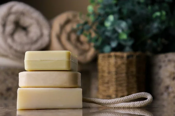 Close Handmade Soap Bars Blurred Background Copy Space — 스톡 사진