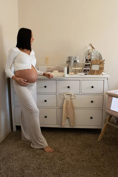 Happy Pregnant Young Woman Baby Nursing Room — Fotografia de Stock