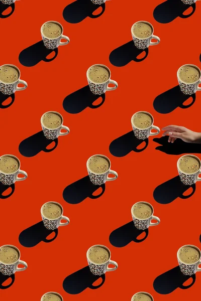 Seamless Pattern Cup Coffee Red Background — Fotografia de Stock