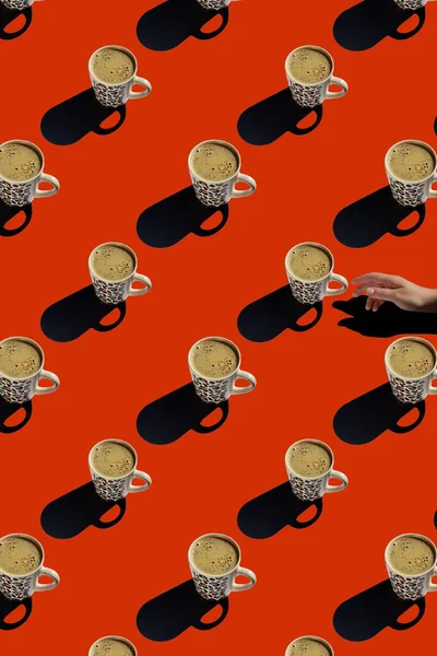 seamless pattern of cup of coffee on red background