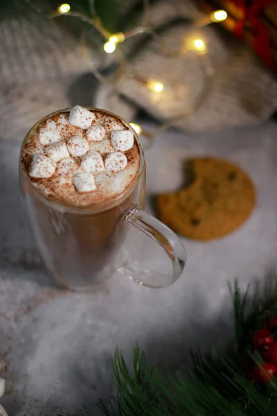 Heiße Schokolade Glasbecher Mit Mini Marshmallows Auf Grauem Tisch Mit — Stockfoto