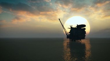 Offshore oil platform in the ocean at sunrise background looped