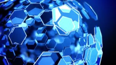 Technology background with hexagon glass rotating on blue background