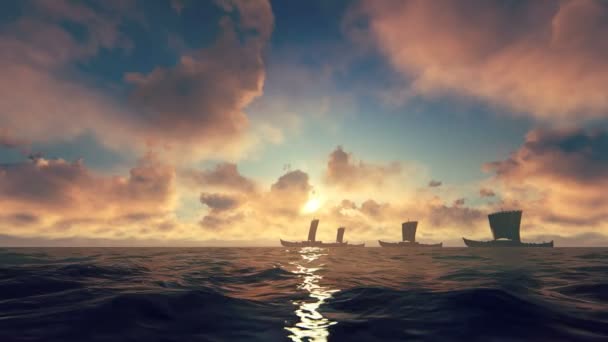 Viking Ships Sailing Video Animation — Stockvideo
