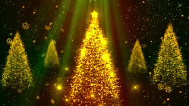 Golden Christmas Trees Sparkling Snowflakes — 图库视频影像