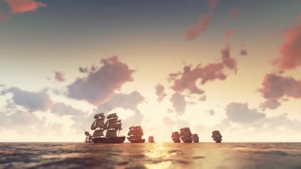 Sailing Galleons Sunset Animation — Stok Video