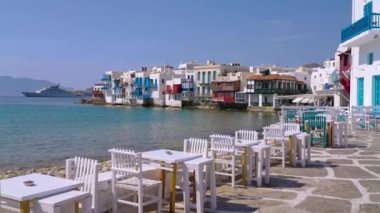 Tables for Traditional Greek Restaurant in Little Venice, Mykonos, Greece