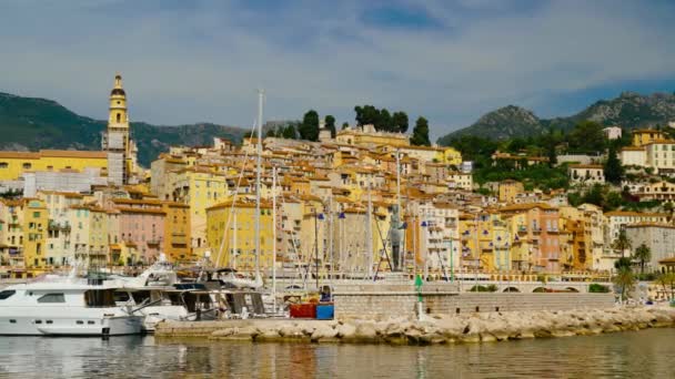 Town France Called Menton Boats Harbor — Stockvideo