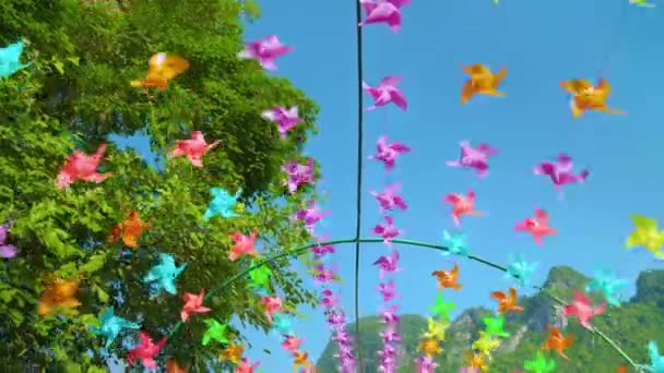 Many Colorful Pinwheels Spin Wind — Vídeo de Stock