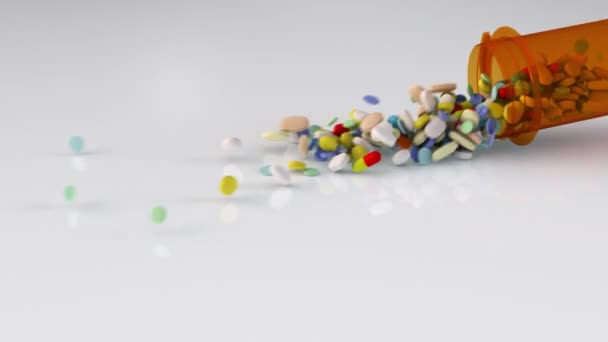 Different Medication Drug Pills Spilling Out Pill Bottle — Stock Video