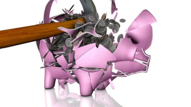 Hammer Shattering Full Piggy Bank Slow Motion — стоковое видео