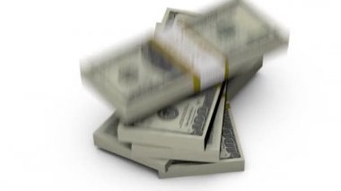 $100 Bills Fall into a Stack on white background