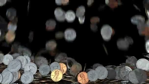 Various Coins Dropping Black Background — Stock videók