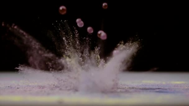 Water Gel Balls Falling Colorful Dust Ultra Slow Motion — Vídeo de Stock