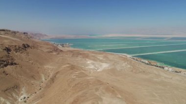 Aerial of the Dead Sea and an arid land.