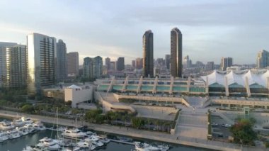 Aerial view of San Diego downtown and anchored boats.