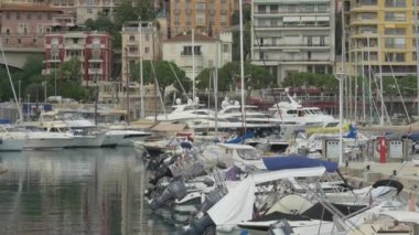 Tilt up of the harbor and buildings by the sea in Monaco
