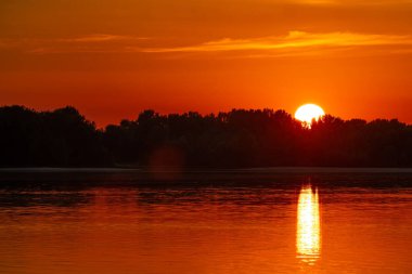 Orange Red Sunset over the forest and over the river. The sun goes down to the horizon. The sun hides behind the trees. Sun close-up