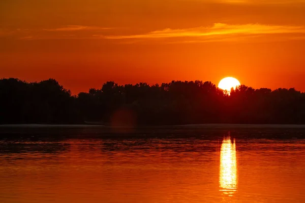 Orange Red Sunset Forest River Sun Goes Horizon Sun Hides — Photo