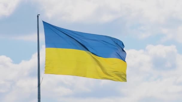 Large Flag Ukraine Which Flutters Wind Flagpole Real Shooting Kharkiv — ストック動画