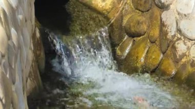 Bahar suyu borudan akar. Güneşli bir günde iyi korunmuş su kaynağı.