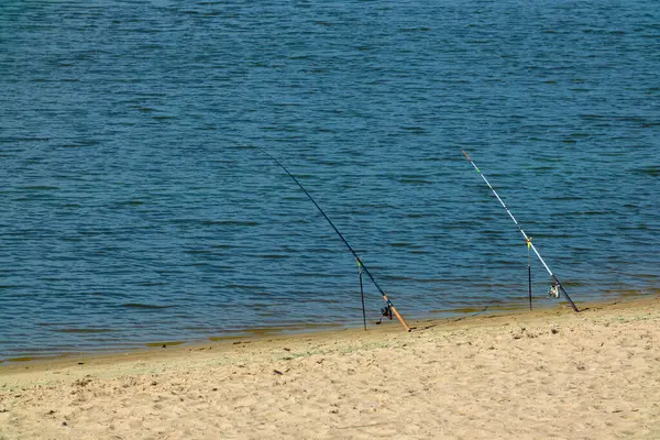 Fishing Rods River Bank Sandy Shore Sunny Day Fishing Rods — Stock Photo, Image