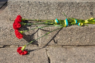 Grantit taşında kırmızı karanfil. Granit bir anıtın üzerinde bir buket kırmızı çiçek yatıyor. Ukrayna 'nın kurdele rengi bayrağı