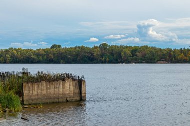 Nehrin kıyısındaki eski harabe rıhtım. Dinyeper nehri. Ukrayna 'da rezervuar