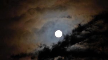 Bulutlu bir gecede dolunay. Çok renkli bulutlar ayın yanından uçar. Karanlık gece gökyüzü. Telefoto lensle çekilmiş. Halo (optik olgu)