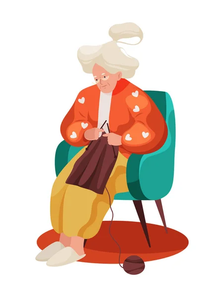 Illustrations Grandmother Elderly Woman Who Knits Scarf Vector Illustration Character — Vettoriale Stock