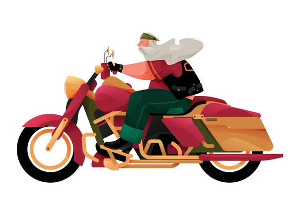 Fat Biker Gray Beard Rides Motorcycle Vector Illustration Character Design — Stok Vektör