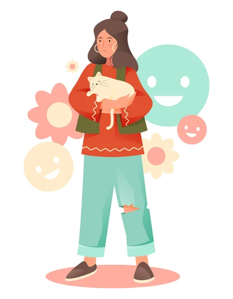 少女は猫を抱いている 動物保護 環境保護活動 ベクターイラスト キャラクターデザイン — ストックベクタ