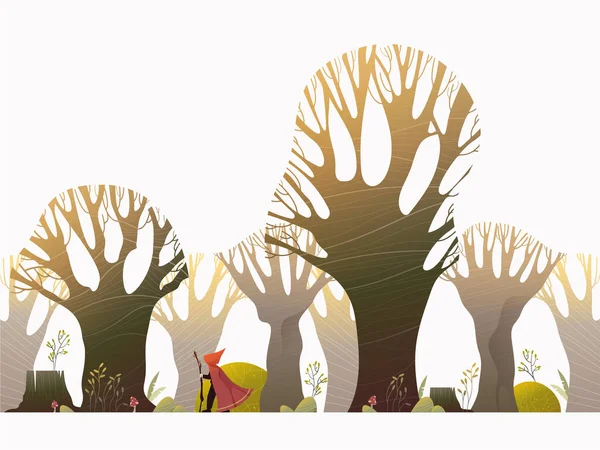 Vector Illustration Spring Forest Trees Stones Mushrooms Dwarf Red Coat — Stock Vector