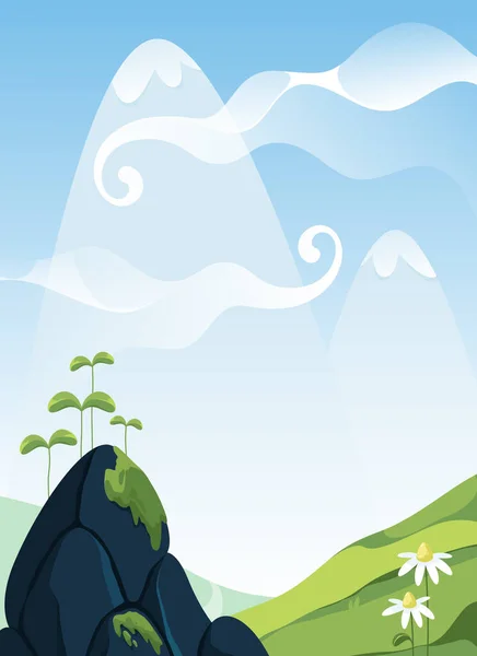 Fairy Background Valley Sky Flowers Stones Vector Illustration — Stock Vector