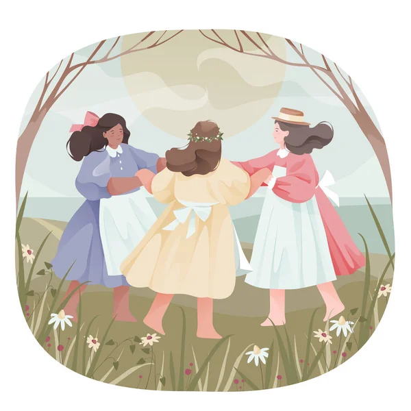 Drei Junge Mädchen Tanzen Auf Einer Blühenden Wiese Vektor Illustration — Stockvektor
