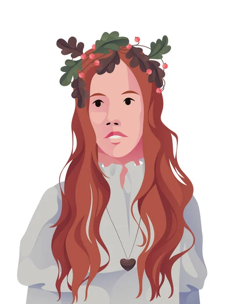 Young Red Haired Girl Wreath Oak Leaves Vector Illustration Character — Stock Vector