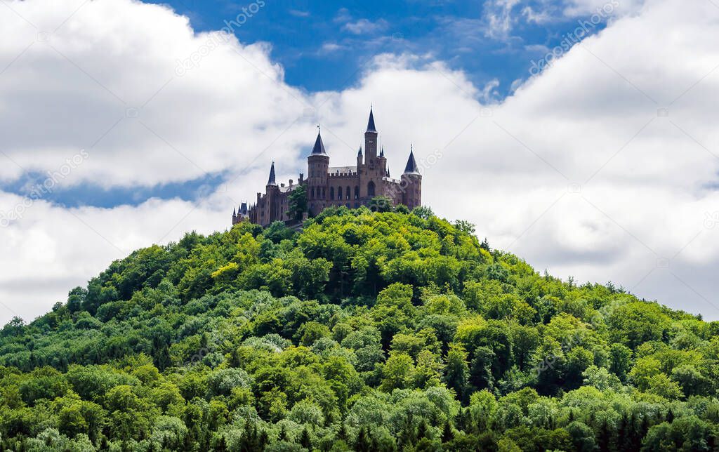 Hohenzollern Castle (Burg Hohenzollern) on the hilltop of Mount Hohenzollern at Hechingen in the Swabian Jura in the state of Baden-Wrttemberg in Germany