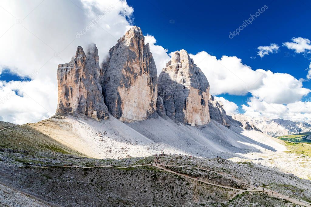 Famous three distinctive peaks of the Drei Zinnen (Tre Cime di Lavaredo) in the Dolomite Alps in Italy