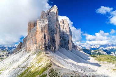 Three peaks of the Drei Zinnen (Tre Cime di Lavaredo) in the Dolomite Alps in Italy seen from Paternsattel (Forcella Lavaredo)