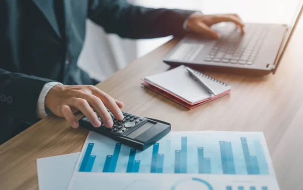 Business men use calculators to calculate business ratios. Evaluate your investment budget plan, success, cost effectiveness and profit and loss.