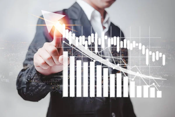 Businessmen are touch on the rapidly growing stock chart. analyzed and planned to run the business. Double exposure city and light, future business planning concept, growth, finance, energy saving.
