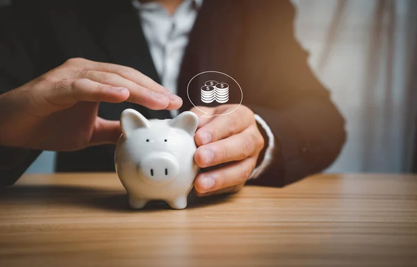 Man Holding Piggy Bank His Hand Saving Money Planning Profit — Stok fotoğraf