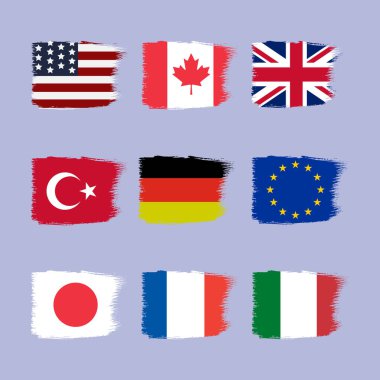 Ülkeler bayraklar. Üye ülkelerin bayrakları G7. Vektör çizimi. ABD, Kanada, İngiltere, Fransa, İtalya, Japonya ve AB. Resmi renklerde bayraklar.
