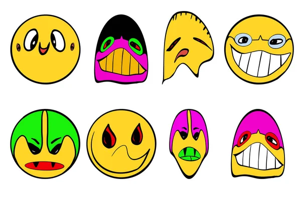 Psychedelic Cartoon Face Crazy Graffiti Smile Emoji Facial Expressions Vector — Vector de stock