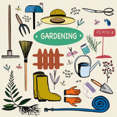 gardening tools, hand drawn vector illustration